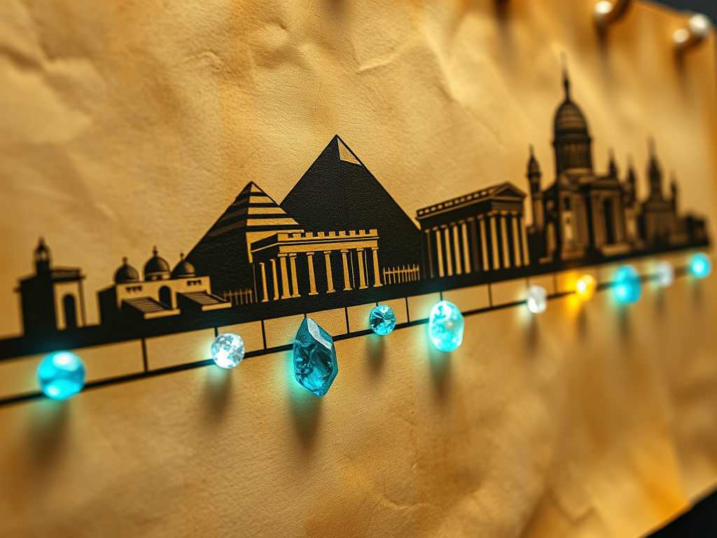 The Mystical Power of Birthstones: Unlock Your True Self – Explore Spiritual Meanings and Ancient Wisdom 4 Image Prompt
A parchment timeline etched with faint silhouettes of Mesopotamian ziggurats, Egyptian pyramids, Greek columns, and medieval cathedrals. At each era, a glowing gemstone hovers, marking humanity’s evolving love affair with crystals.