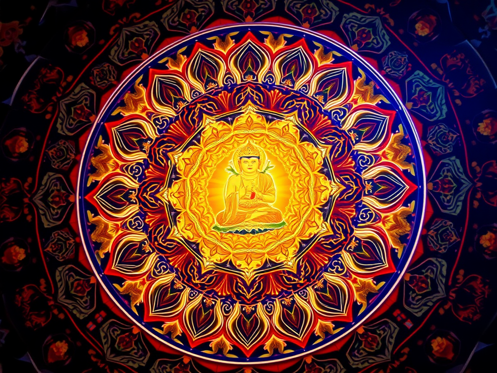 Image Prompt: "A radiant Tibetan mandala depicting Yab-Yum figures glowing at the center, symbolizing harmony and enlightenment."