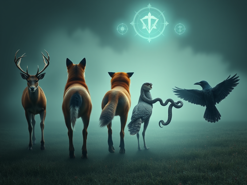 Symbolism of an Animal Crossing Your Path Backward: Spiritual Insight & Cultural Wisdom 8 🖼️ Image Prompt: A row of different animals walking backward across a foggy field—deer, fox, owl, snake, and crow—with symbols glowing above them.