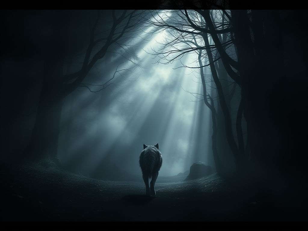 Symbolism of an Animal Crossing Your Path Backward: Spiritual Insight & Cultural Wisdom 7 🖼️ Image Prompt: A shadowy gateway in the woods, with mist swirling around a backward-stepping wolf.