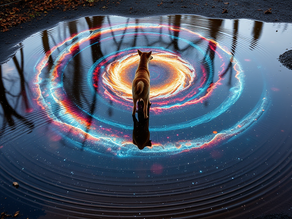 Symbolism of an Animal Crossing Your Path Backward: Spiritual Insight & Cultural Wisdom 16 🖼️ Image Prompt: A spiral galaxy reflected in a puddle as an animal walks backward across it.