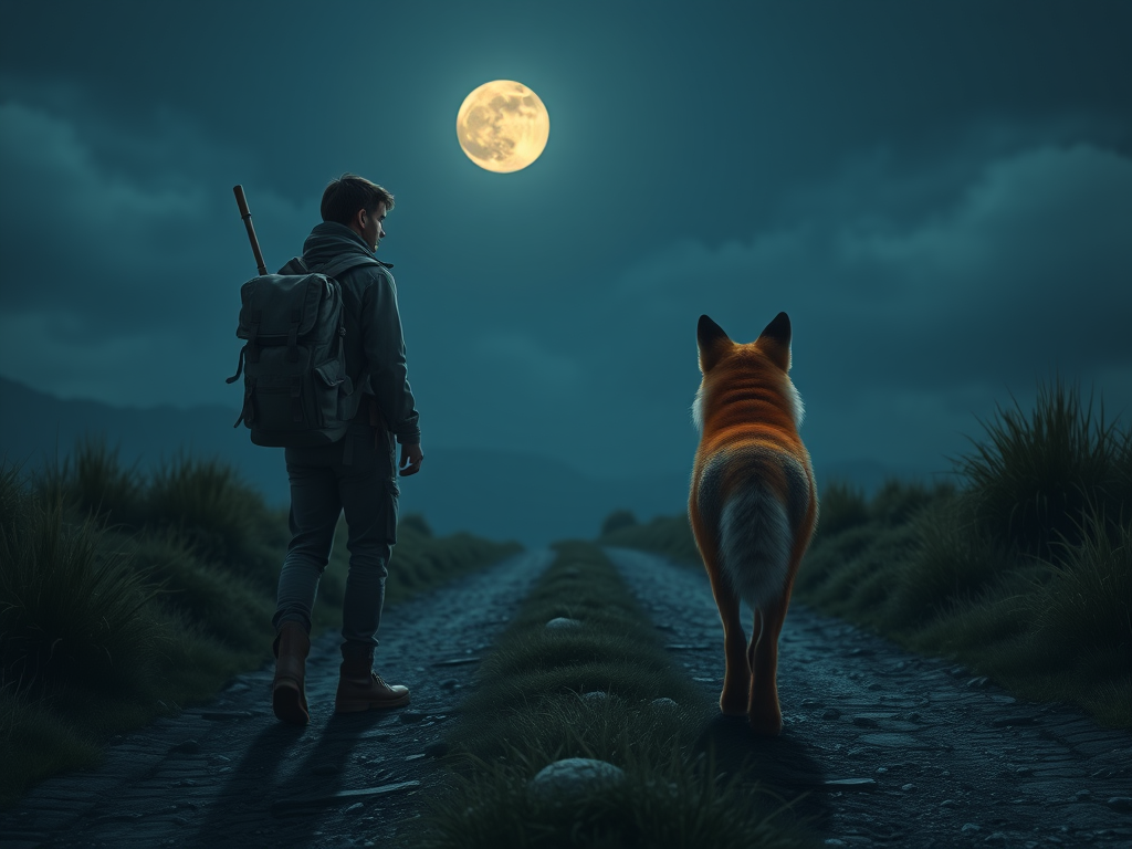 Symbolism of an Animal Crossing Your Path Backward: Spiritual Insight & Cultural Wisdom 5 🖼️ Image Prompt: A traveller pausing at a crossroads, watching a fox walk backward under moonlight.