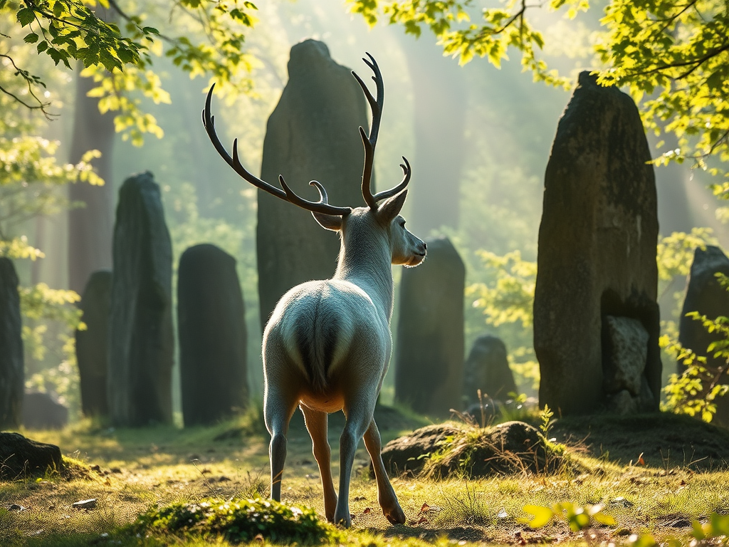 Symbolism of an Animal Crossing Your Path Backward: Spiritual Insight & Cultural Wisdom 9 🖼️ Image Prompt: A white stag walking backward through ancient standing stones in a Celtic forest.