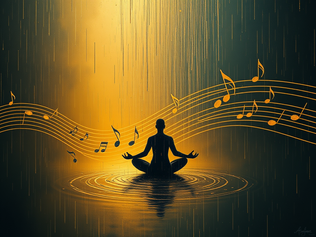 🖼️ Image Prompt:

Abstract art of soundwaves blending into falling rain. A meditating figure floats with rain forming a musical staff around them. Gold tones mixed with midnight blues.
