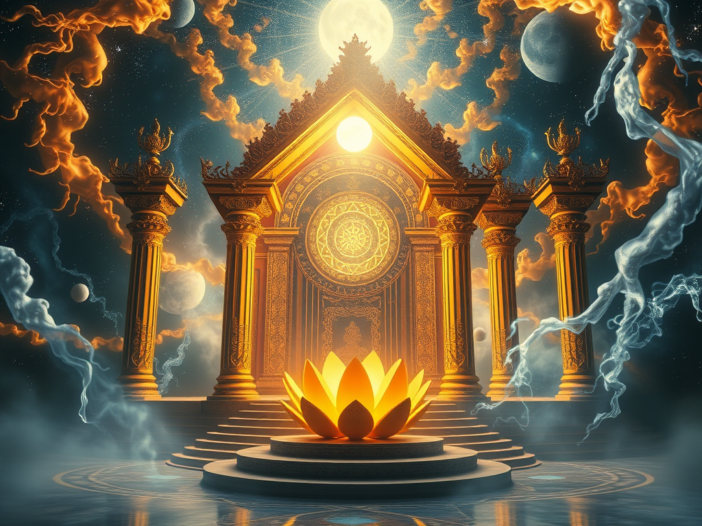 Image Prompt: "An ethereal cosmic temple where golden masculine fire energy meets a silvery moonlit feminine current, forming a radiant lotus in the center."