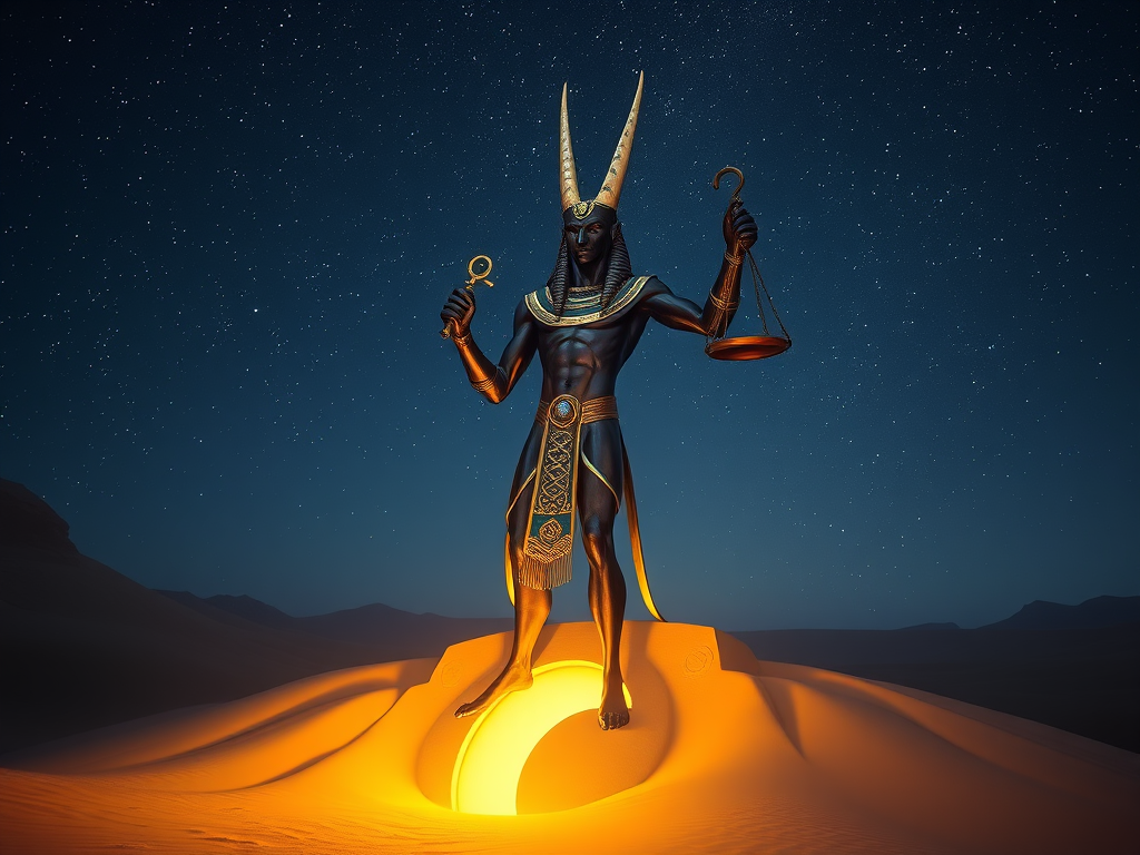 🖼️ Image Prompt: "Anubis standing over a starlit desert portal, holding scales and key, guiding souls across dimensions."
