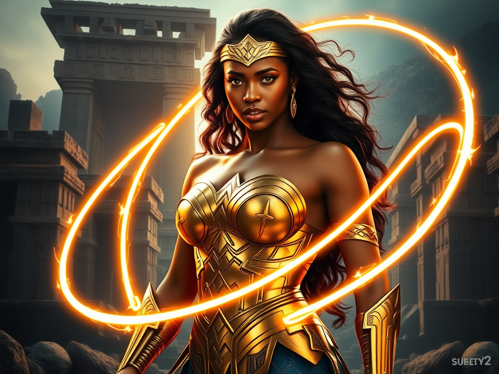 🖼️ Image Prompt: "Wonder Woman standing in golden armor with glowing lasso around her, surrounded by ancient temple ruins and glyphs—goddess-warrior of justice."