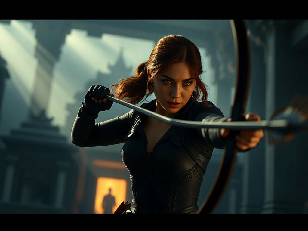 Image Prompt:
Black Widow in temple shadows, Hawkeye with glowing arrows aimed skyward.