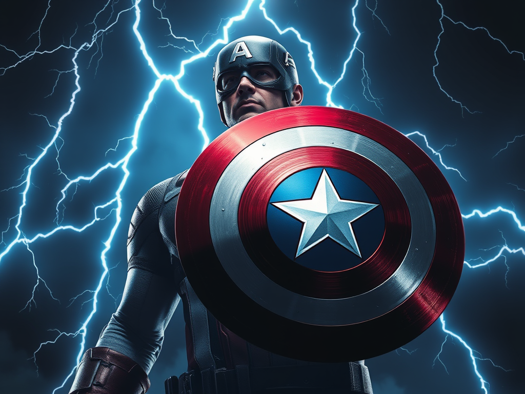 Image Prompt:
Captain America holding shield under lightning, ancient sigils glowing on the rim.