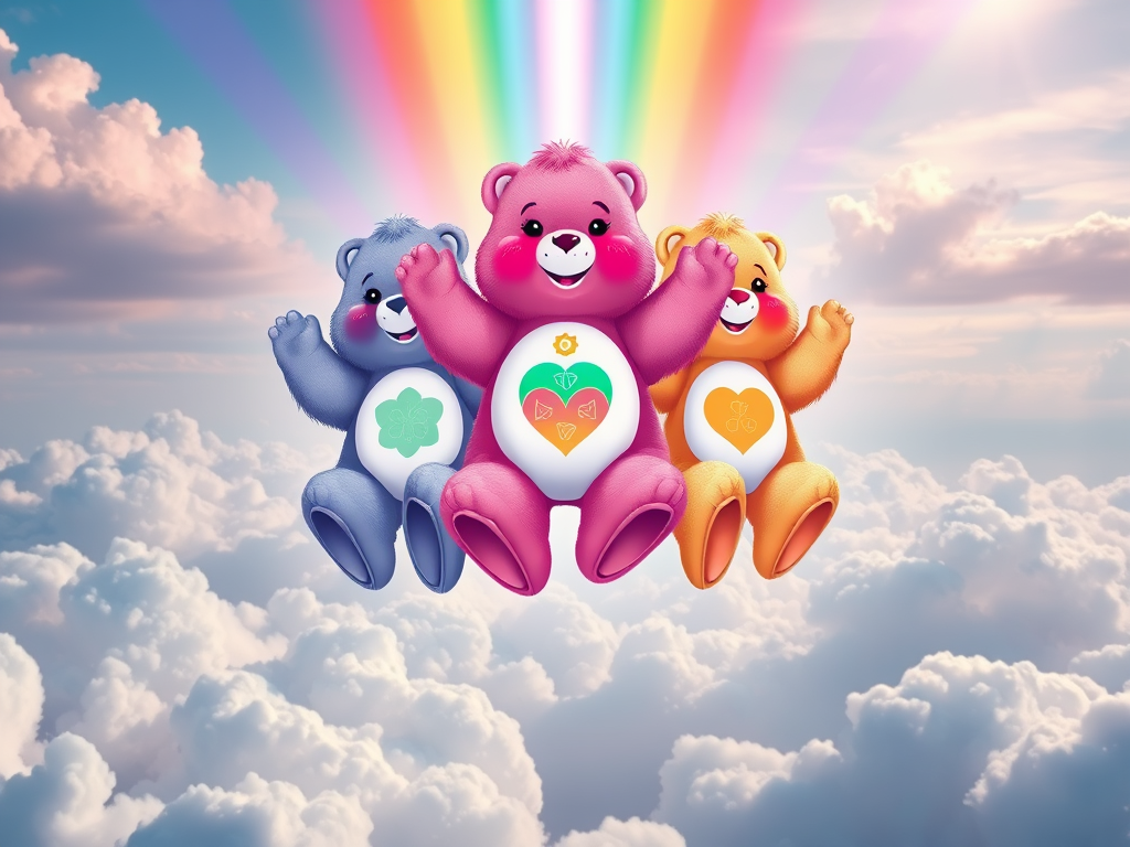 🖼️ Image Prompt: "Care Bears floating above clouds, each radiating a specific chakra color, forming a mandala of rainbow healing energy."