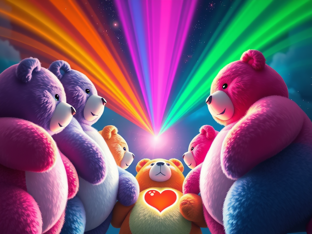 🖼️ Image Prompt: "Care Bears lined up in a circle, rainbow light beams bursting from their chests into the sky—symbol of unity heart magic."