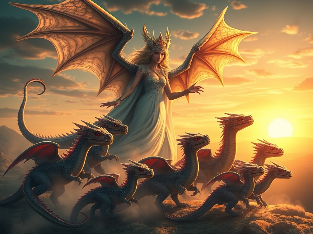 🖼 Image prompt: Cluster of young dragons flying around a maternal spirit figure under a glowing horizon.