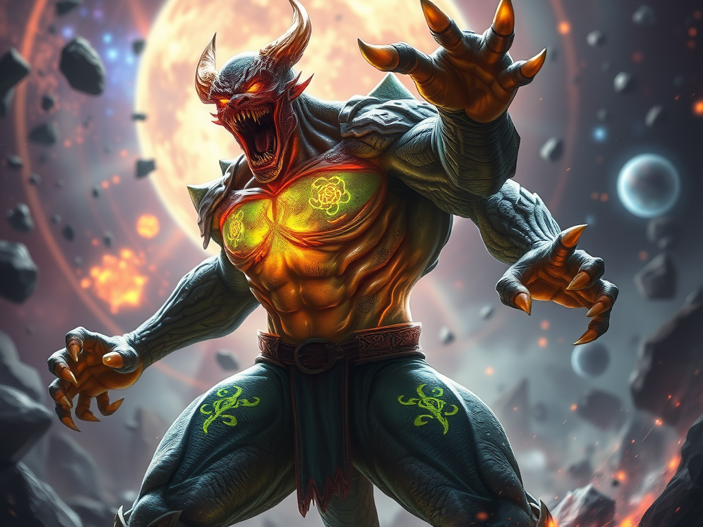 Guardians of the Galaxy – Galactic Archetypes and Cosmic Myth 9 🖼️ Image Prompt: "Drax roaring in battle, body glowing with etched runes of his family, against a cosmic battlefield—warrior of sacred justice."