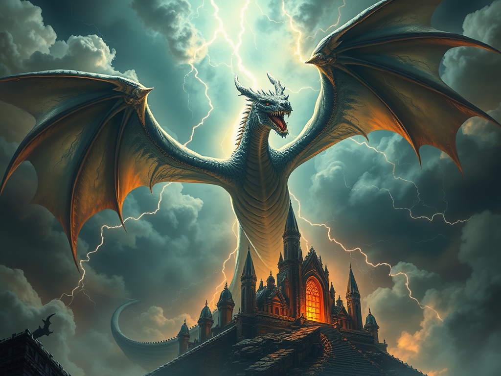 🖼 Image prompt: Eight-headed dragon wrapped in clouds and storm lightning above a shattered temple.