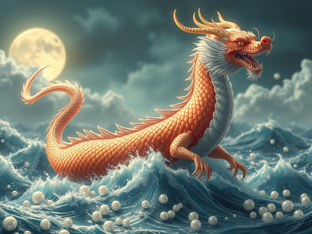 🖼 Image prompt: Elegant Eastern dragon rising from waves with pearls and moonlight reflecting off its scales.