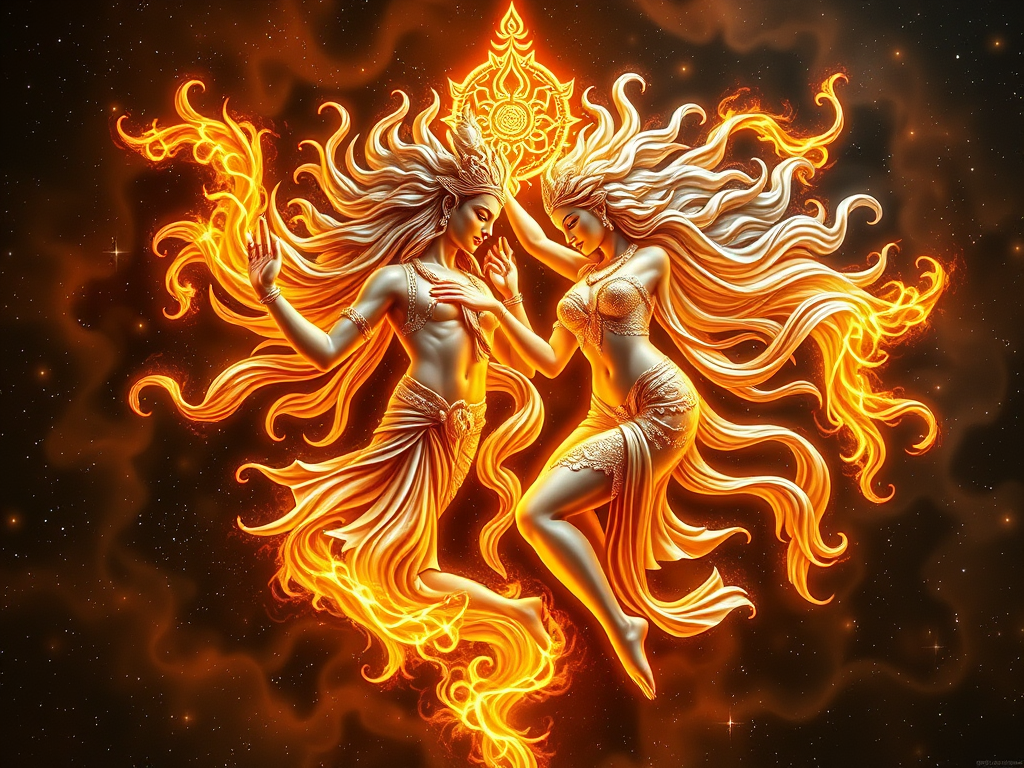A luminous cosmic dance of golden masculine and silver feminine energies intertwining, surrounded by symbolic forms: Shiva‑Shakti, Ardhanarishvara, Celtic Beltane flames, and Tibetan yab‑yum, against a starry background.