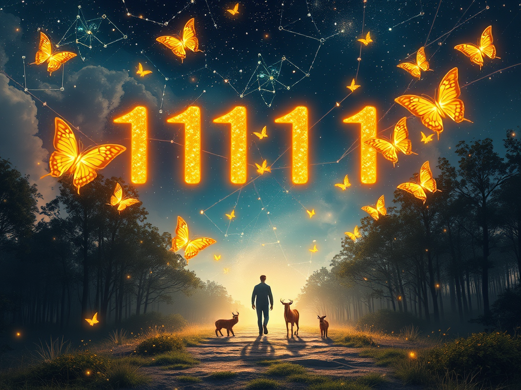 🎨 Image Prompt for This Section (Leonardo AI):
"A cosmic scene showing glowing number patterns (like 11:11) floating in the sky, golden butterflies and animals crossing paths with a human on a forest trail, with light particles forming constellations above — magical, mystical, ethereal"