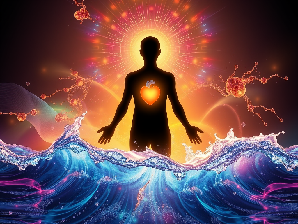 🎨 Image Prompt for This Section (Leonardo AI):

"A human silhouette surrounded by rippling waves of colour and sound, with water molecules forming crystal shapes around the body, golden frequencies radiating from the heart and brain — spiritual, glowing, high-energy art"