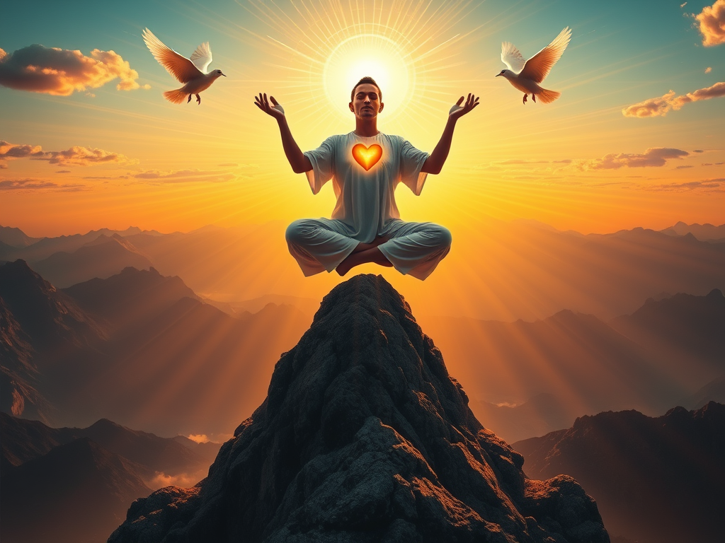 🎨 Image Prompt for This Section (Leonardo AI):
"A meditating figure levitating above a mountain peak, surrounded by radiant frequency waves, golden light emitting from the heart and head, with chakra symbols, doves, and sun rays — vibrant, spiritual, and uplifting"