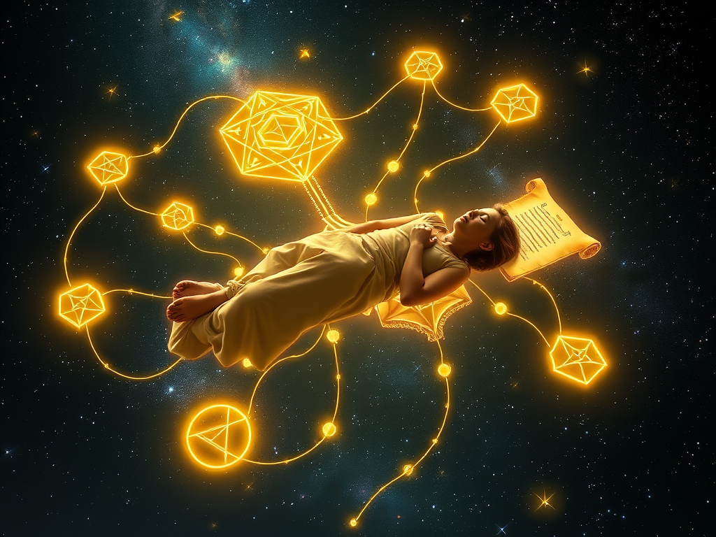 🎨 Image Prompt for This Section (Leonardo AI):

"A person floating in a starlit dreamscape, connected to glowing geometric symbols, ancient scrolls, and golden threads of light, surrounded by galaxies and sleeping peacefully — surreal, spiritual, dreamlike art style"