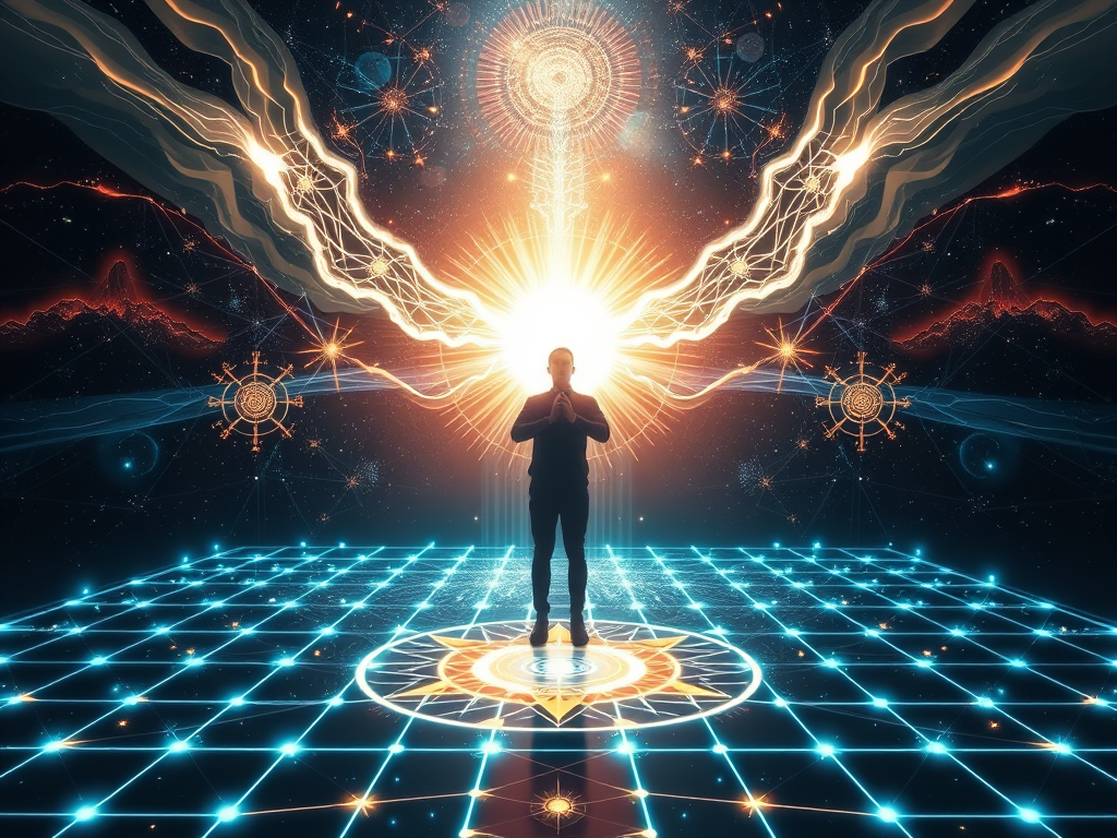 🎨 Image Prompt for This Section (Leonardo AI):

"A person standing in the centre of a glowing holographic grid, projecting energy from the heart and crown into the cosmos, surrounded by symbols of light, sacred geometry, and a portal forming above — futuristic, empowering, spiritual"