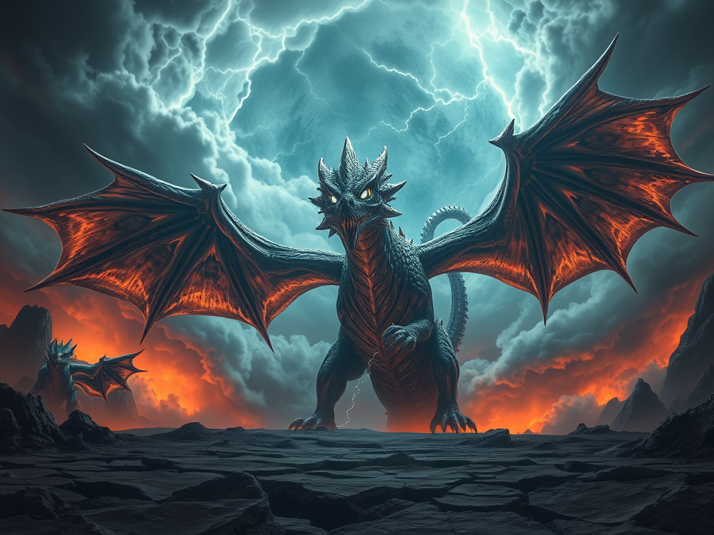 🖼 Image prompt: Giant, chaotic dragon-serpent with storm clouds, wings, and lightning-filled eyes, rising from a cracked earth toward Olympus.