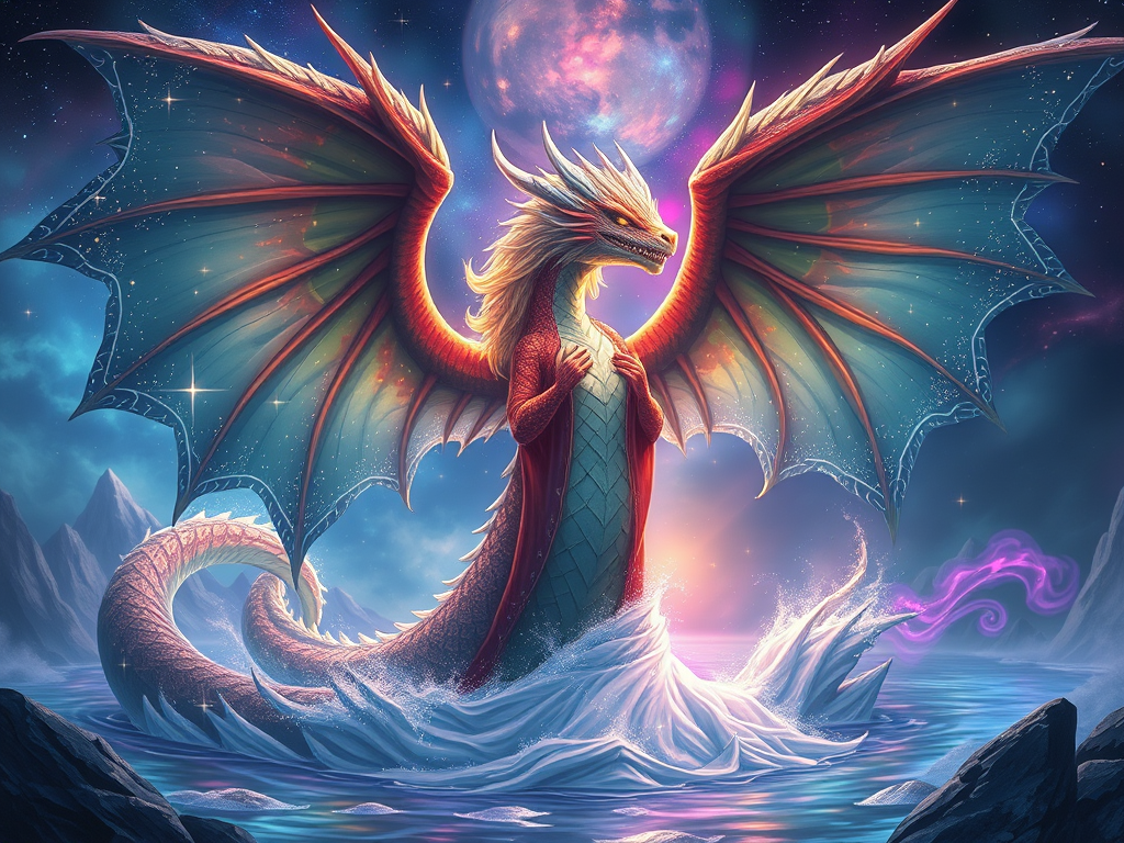 🖼 Image prompt: Gigantic dragon goddess arising from cosmic waters, stars in her wings, holding scales.