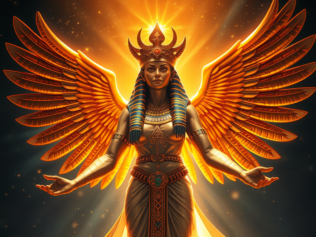 🖼️ Image Prompt: "Isis with golden wings outstretched, a glowing crown of stars, lifting Osiris with sacred ankh energy—divine feminine resurrector."
