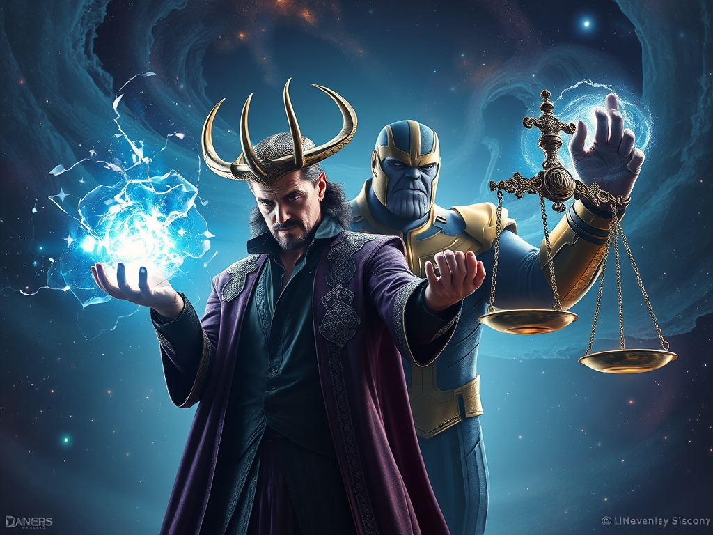 Image Prompt:
Loki conjuring illusions, Thanos weighing cosmic scales of judgment.