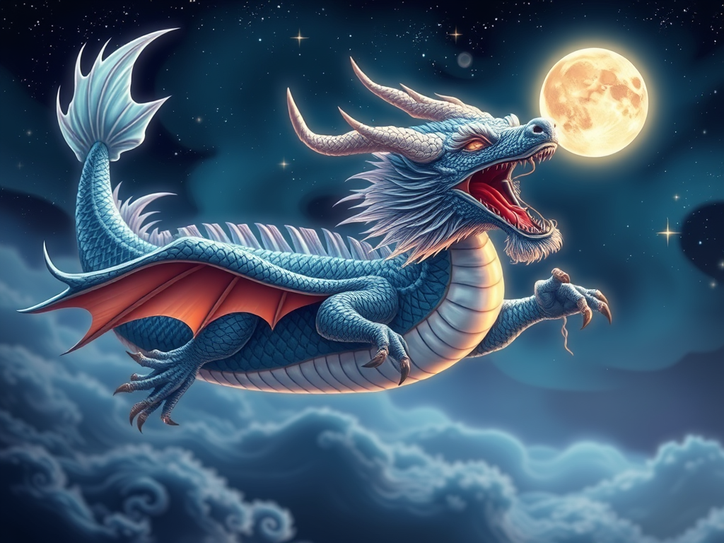 🖼 Image prompt: Lunar sea dragon flying through stars with an open mouth, pulling at the moon.