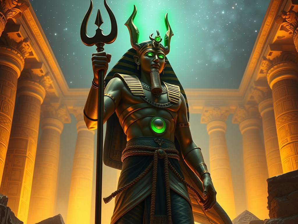 🖼️ Image Prompt: "Osiris rising from the underworld in a star-lit Egyptian temple, holding crook and flail, glowing green aura—god of rebirth."