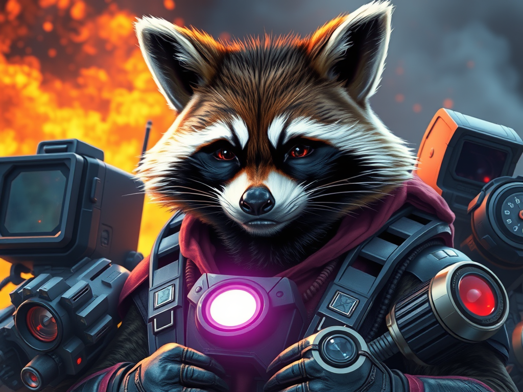 Guardians of the Galaxy – Galactic Archetypes and Cosmic Myth 7 🖼️ Image Prompt: "Rocket Raccoon surrounded by gadgets and fire, smirking in battle, eyes reflecting sorrow—symbol of wounded genius."