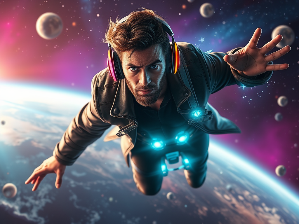Guardians of the Galaxy – Galactic Archetypes and Cosmic Myth 5 image prompt star lord in space with headphones on glowing