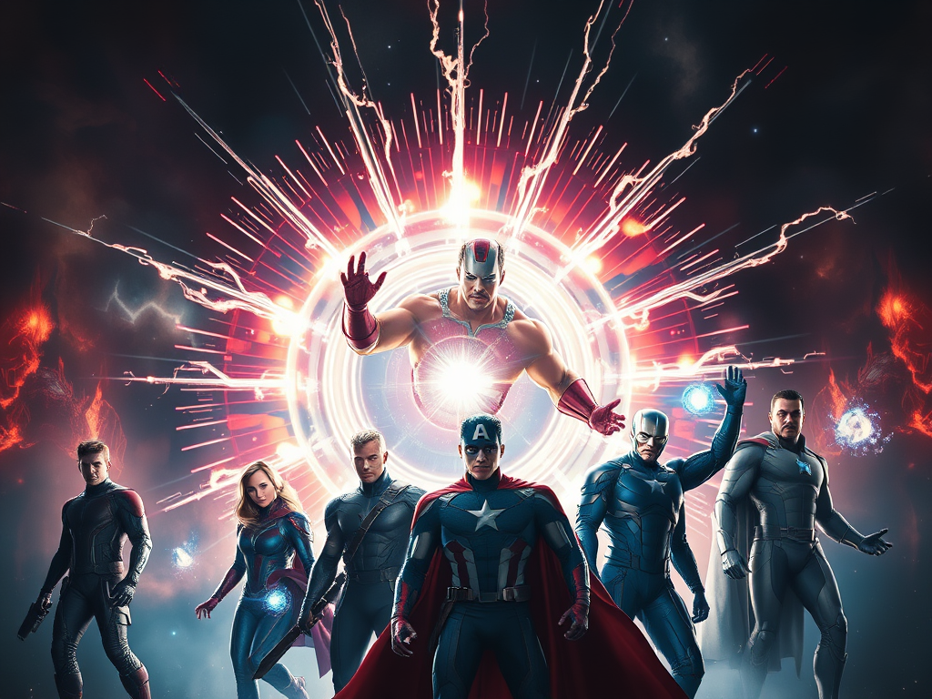 Image Prompt:
The Avengers standing in a glowing circle, each radiating different divine energy.