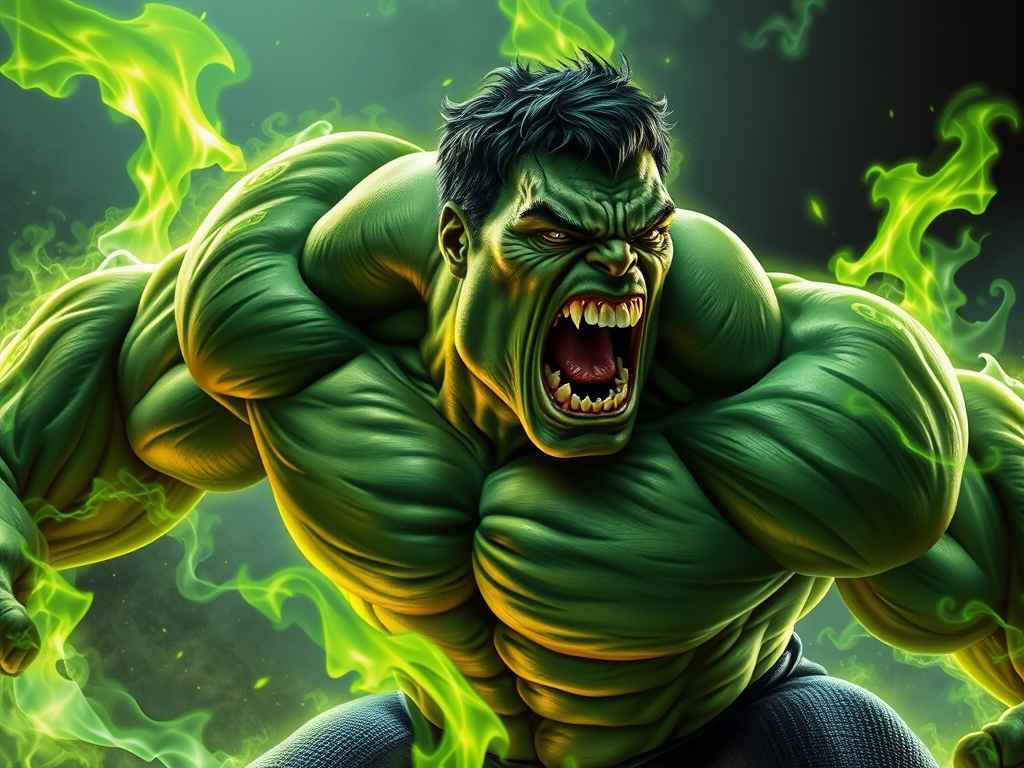 Image Prompt:
The Hulk roaring in green spiritual flames, runes pulsing in his muscles.
