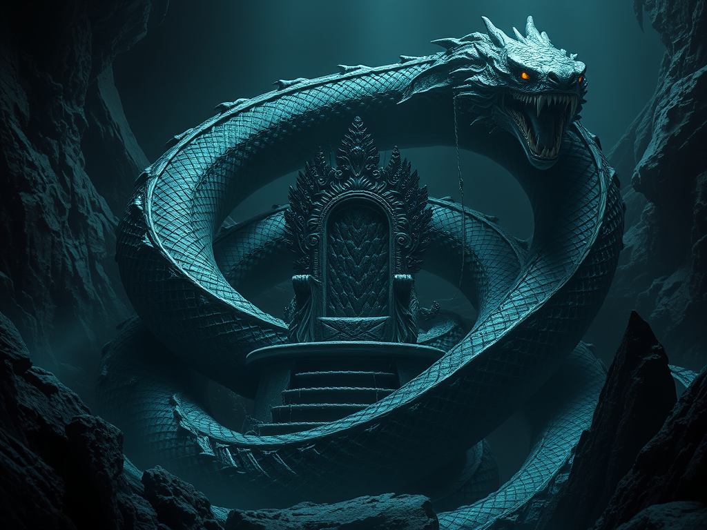 🖼 Image prompt: Titanic serpent of the sea, coiled around a crumbling throne, glowing eyes in the abyss.