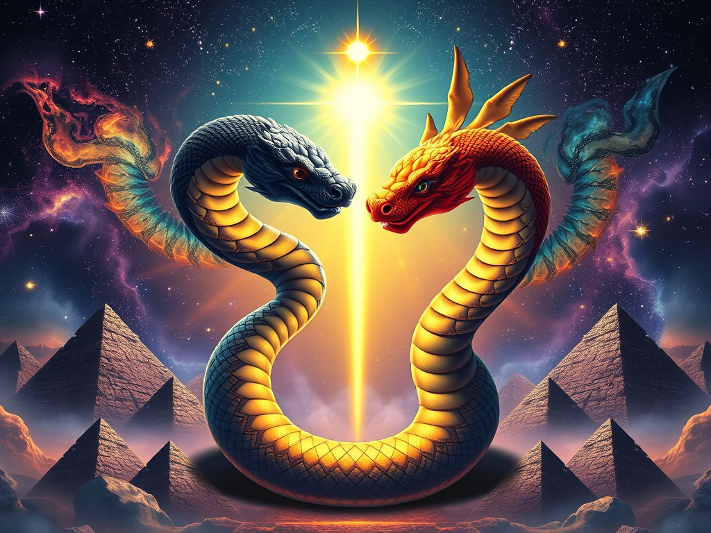 🖼 Image prompt: Twin-headed serpent coiling through stars and pyramids, one head dark, one radiant.