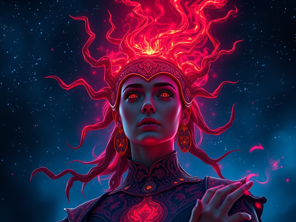 Image Prompt:
Wanda glowing in red chaos magic, Vision radiating divine logic beneath stars.