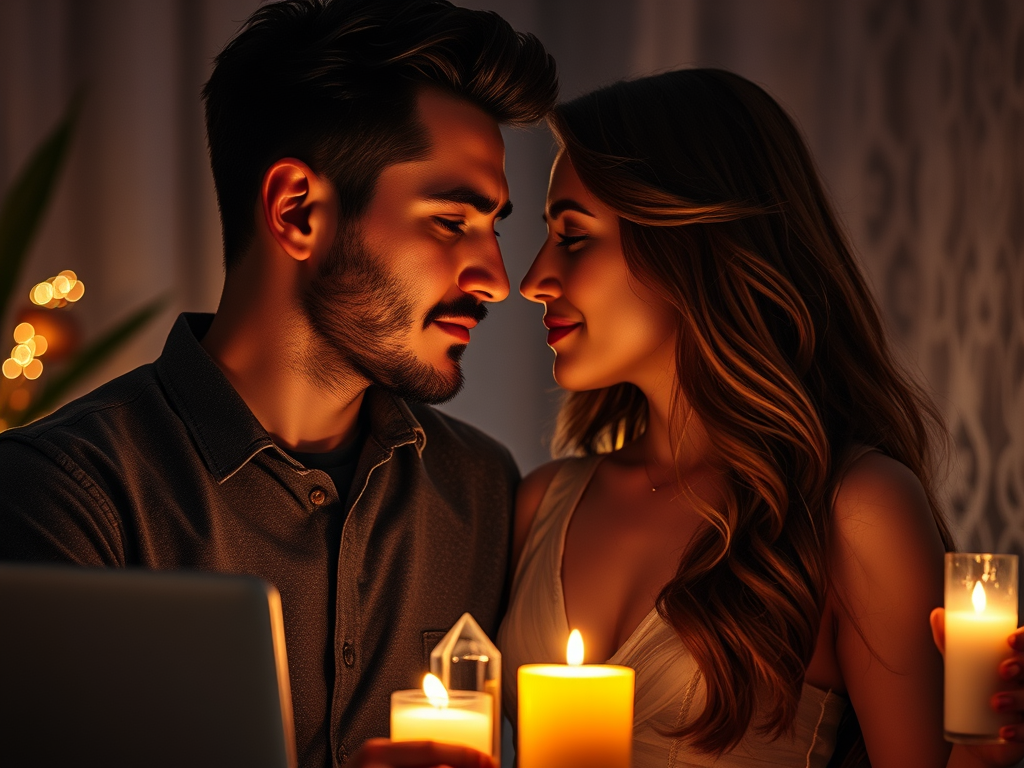  “Modern couple sharing sacred eye contact over candles and crystals, surrounded by glowing energy and everyday life symbols — laptop, nature, incense”