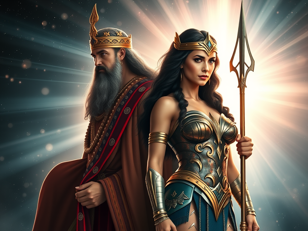  Section 2: Sumerian Patterns in Pop Culture
“Enki and Inanna in Sumerian temple robes fading into Aquaman and Wonder Woman, standing in cosmic light, ancient and modern fused in one scene, ethereal and timeless, 16:9”

