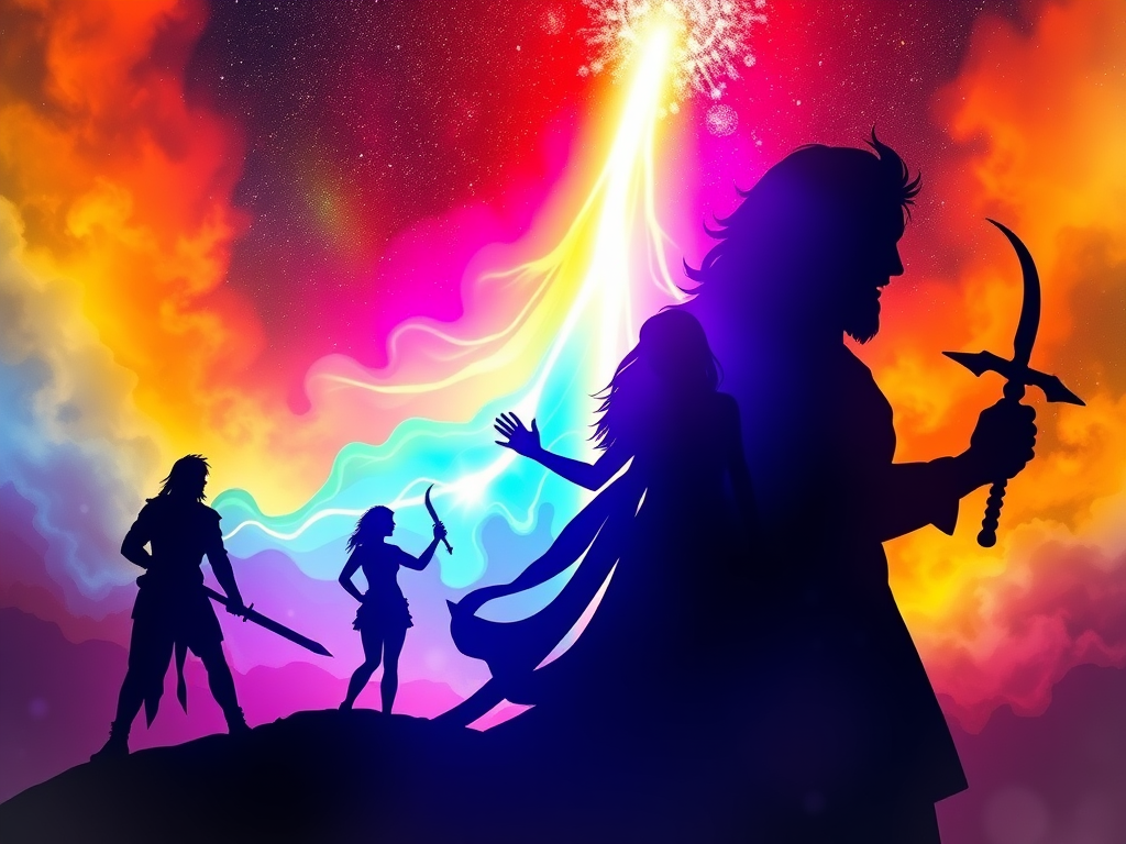 🌈 Section 7: Archetypes That Never Die
“Silhouettes of key archetypes — warrior, lover, shadow, mother, trickster — glowing with different coloured light, rising from earth toward starlit cosmos, symbolic art style, 16:9”