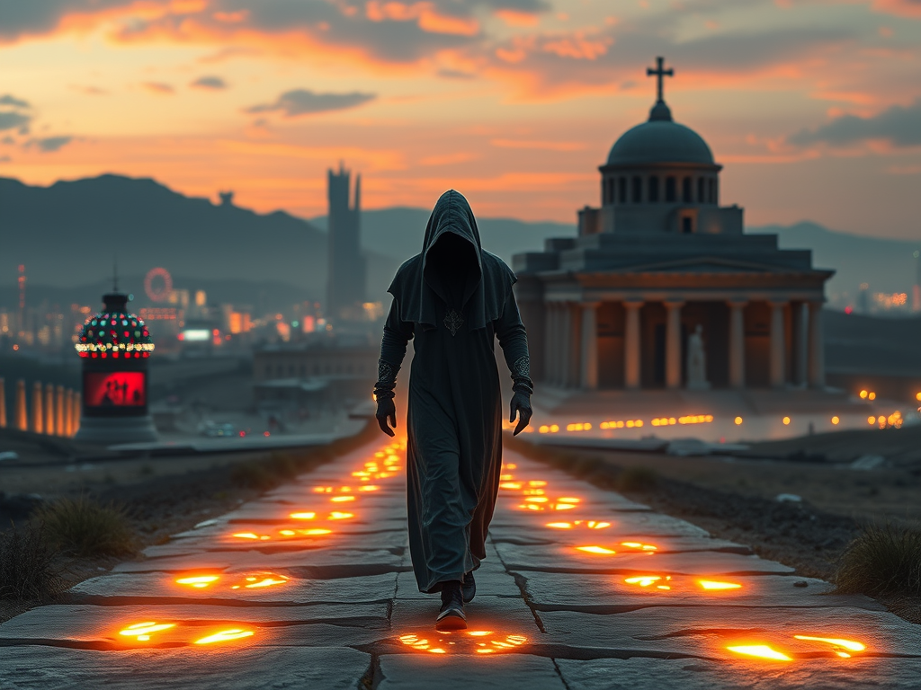 🌍 Section 9: Final Reflections
“A cloaked spiritual figure walking across time — from Sumerian temple to sci-fi city skyline — footprints glowing, timeline blending ancient and futuristic scenes, inspirational lighting, 16:9”