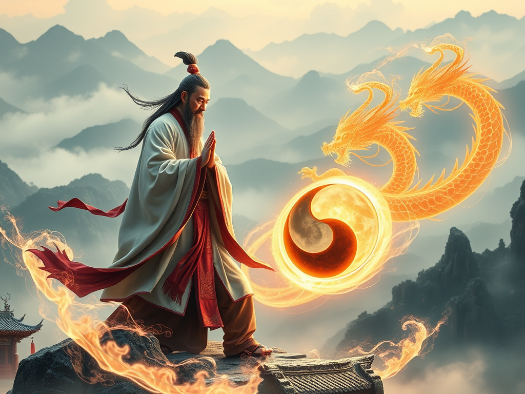 “Taoist master and disciple surrounded by flowing yin-yang symbols, swirling Qi energy, ancient Chinese landscape with misty mountains and glowing dragon-shaped energy trails”