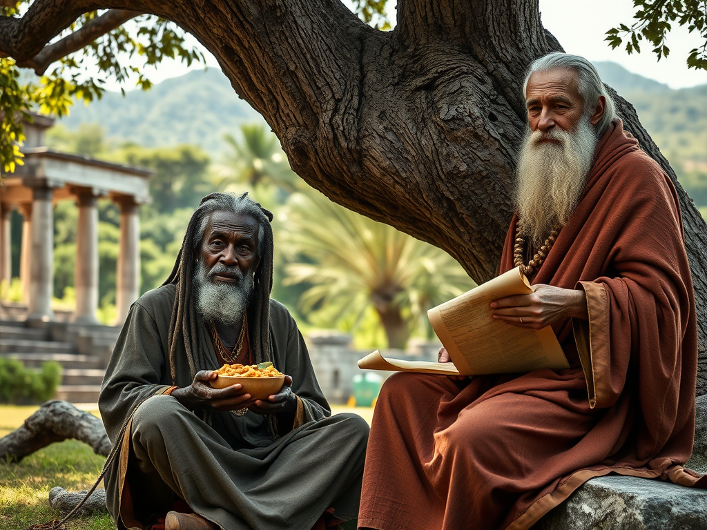 A calm Rastafarian elder with dreadlocks sitting under a tree with a bowl of ital food, next to a stoic philosopher in ancient robes holding a scroll, symbolic fusion of Rasta and Stoic teachings, background of nature and ancient stone ruins.