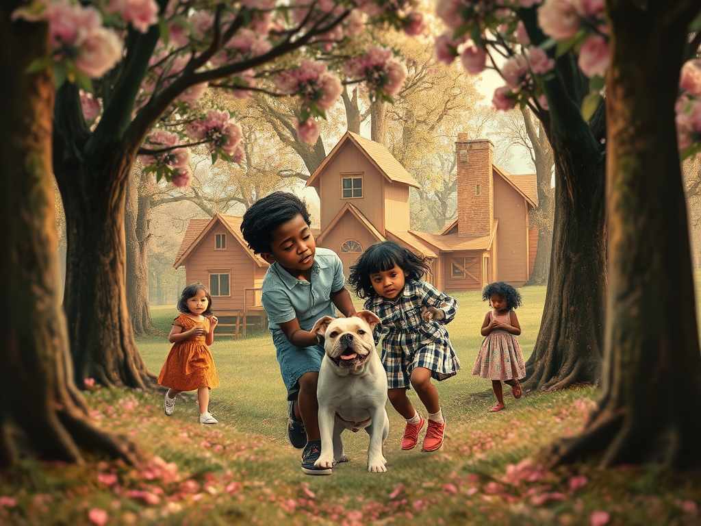 A collage of 80s/90s childhood memories: kids playing kiss chase, British Bulldog, church hymns, treehouses in plum trees, overlaid with faint spiritual symbols awakening from a dream, soft pastel glow, dreamy blur effect.

