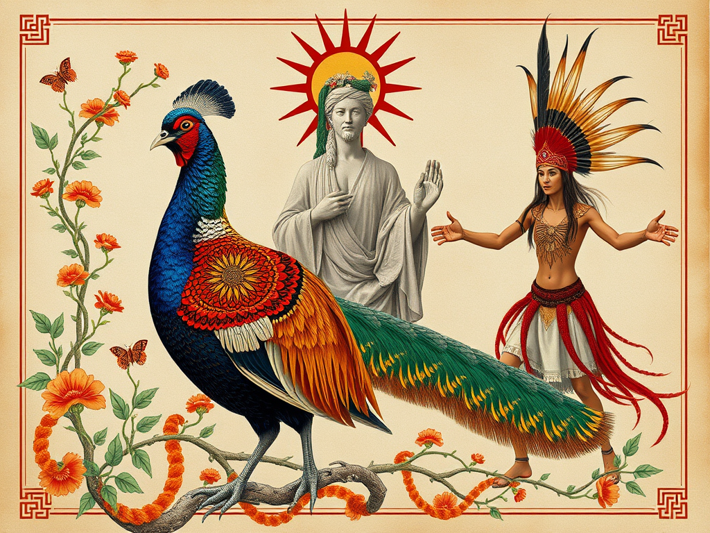 A collage-style composition: Chinese imperial pheasant embroidery, Japanese green pheasant with sun motifs, Greek statue of Hera with pheasant feathers, Native American shaman dancing with pheasant plume headdress, cultural richness, spiritual tapestry effect, soft parchment background