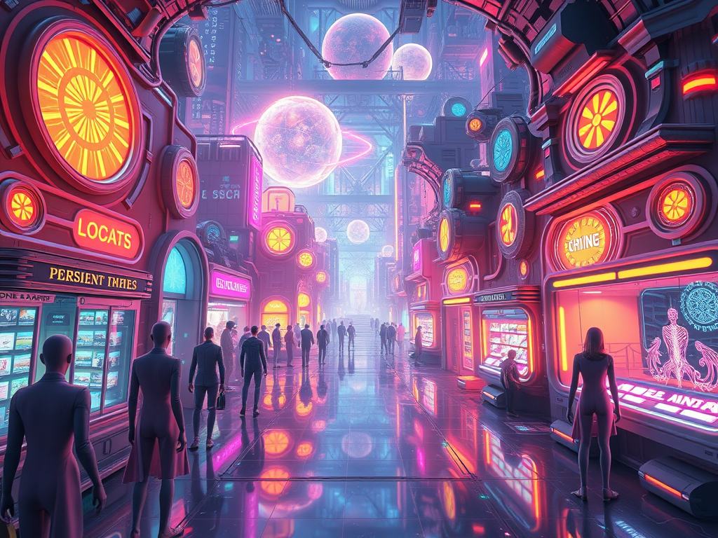A cosmic city awakening, with 3D humans moving into a glowing 5D space filled with light codes, shops floating in mid-air exchanging energy instead of money, galactic beings observing, spiritual portals opening.