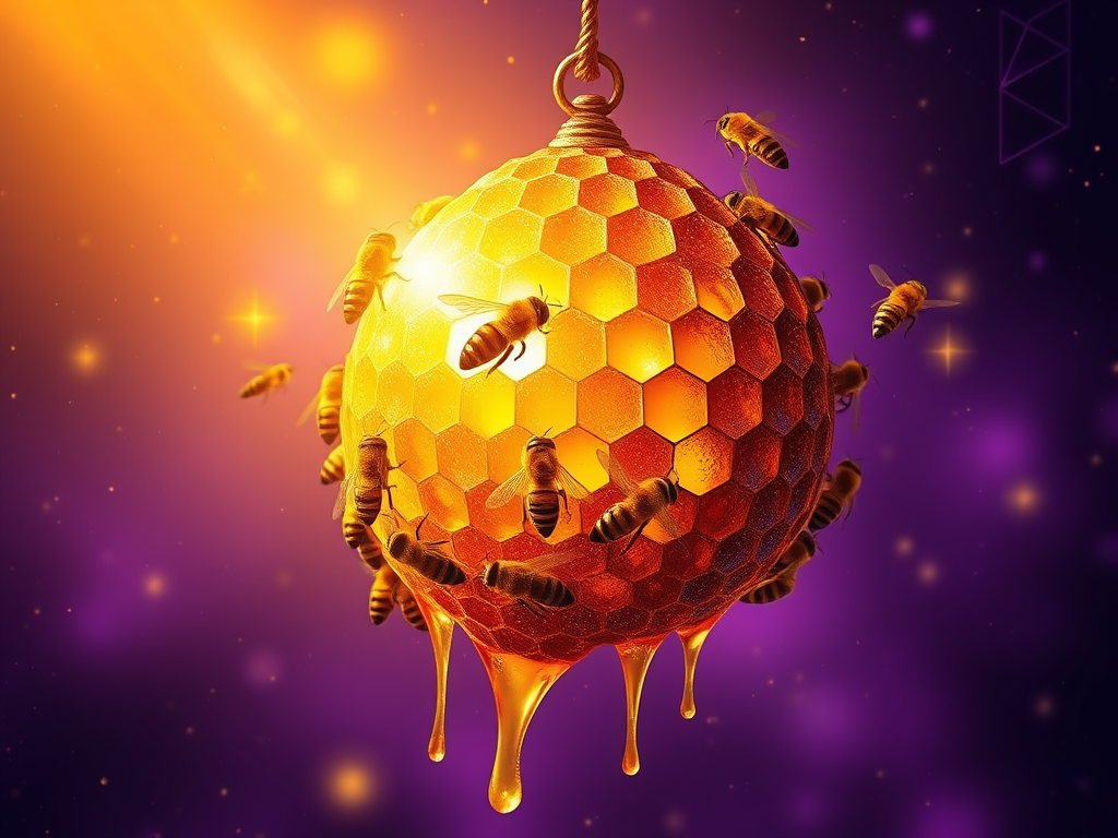 a glowing golden beehive with bees flying in harmony leaving