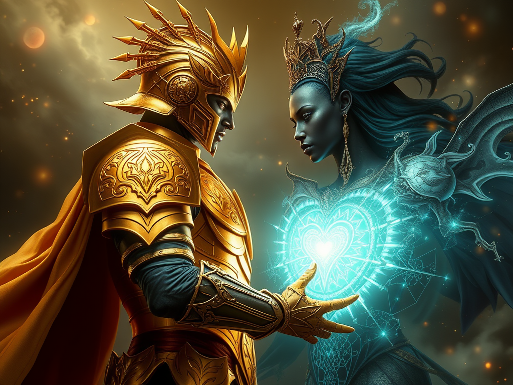 Image Prompt: "A golden-armoured warrior standing beside a luminous queen, a soft glow connecting their hearts in a cosmic pattern."
