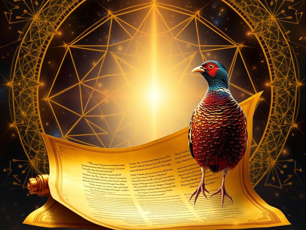 A golden scroll unrolling with shimmering spiritual questions appearing mid-air, a pheasant perched at the side as if offering wisdom, cosmic light and sacred geometry subtly layered into the background, FAQ energy but mystical